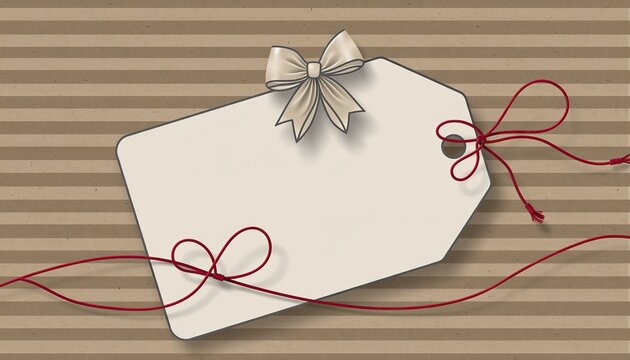 Blank gift tag with decorative bow and red string on striped background.