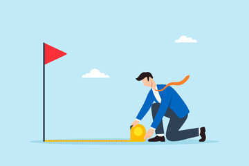 Fototapeta premium Flat illustration of businessman measuring distance to red flag with tape symbolizing goal progress and evaluation