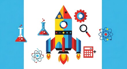 Vibrant vector illustration showcasing a rocket surrounded by scientific and mathematical icons