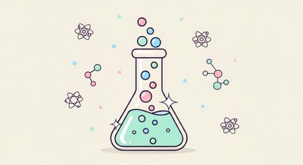 Whimsical science illustration featuring a bubbling beaker and molecular designs on subtle cream