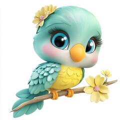 Obraz premium Adorable cartoon bird with big blue eyes perched on a flower branch, perfect for children's books, springtime cards, and delightful storybook illustrations