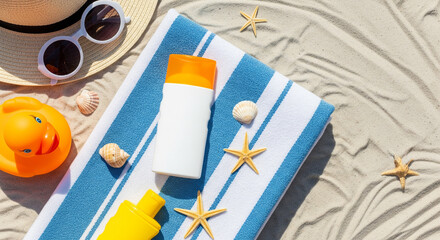 Sunscreen Bottles and Sunglasses on Striped Towel on Sandy Beach with Starfish