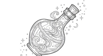 Mystical potion in an ornate bottle with celestial decorations, a bewitching monochrome illustration