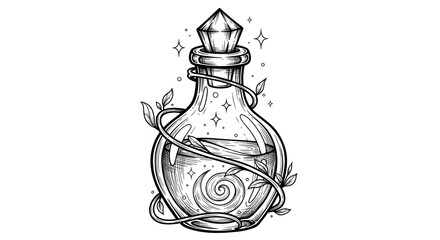 Elegant botanical elixir in a vintage glass potion bottle outlined for fantasy art