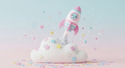 Pastel dreamscape: Rocket soaring from a cloud adorned with stars creates a whimsical and