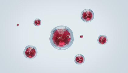 Ultra-realistic 3D render of a Red Algae (Rhodophyta) extract or marine ingredient encapsulated within a transparent nano capsule or bubble.