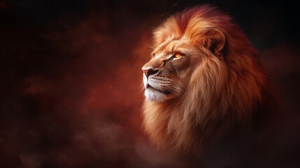 Fototapeta premium Regal Lion with Golden Mane and Burning Eyes in Dramatic Haze