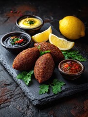 Naklejka premium delicious lebanese arabic food kibbeh kibe with sauces and lemon on black slate stone and granite background with traditional keffyeh no logos no brands ar 34