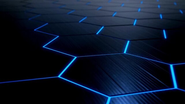 Abstract black of futuristic black surface honeycom hexagon pattern with orange light. Moving futuristic backgound. 4K 3D loop animation