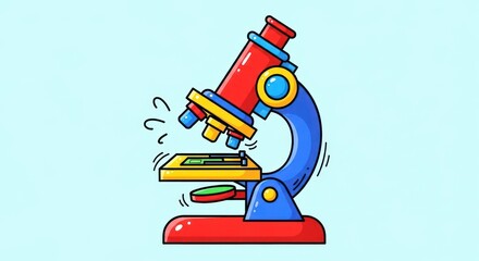 Stylized cartoon microscope with bright colors against a light blue background design