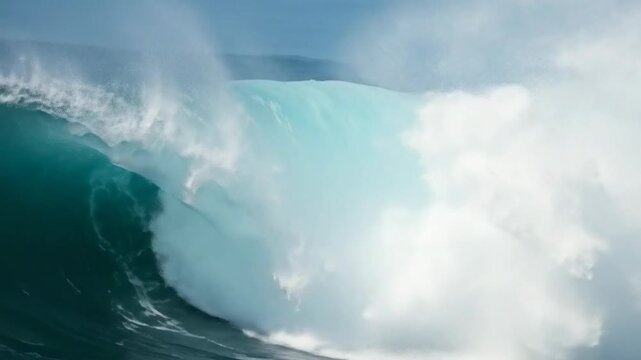 The image features a large, curling ocean wave. The wave is in the process of breaking, creating a dramatic and powerful visual.