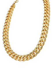 Obraz premium A thick gold link chain necklace, featuring a prominent clasp, is elegantly draped, isolated on a transparent PNG background.