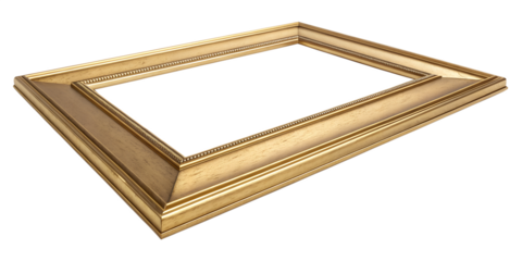 A shimmering golden picture frame with decorative details rests angled, creating an elegant empty border, isolated on a transparent PNG background.