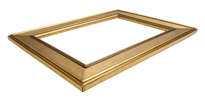 A classic golden ornate picture frame is empty, standing at an angle. This decorative object is isolated on a transparent background as a high quality PNG.