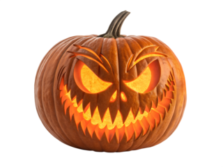 A scary carved Halloween pumpkin with glowing eyes and jagged teeth is isolated on a transparent background, perfect for a PNG design.