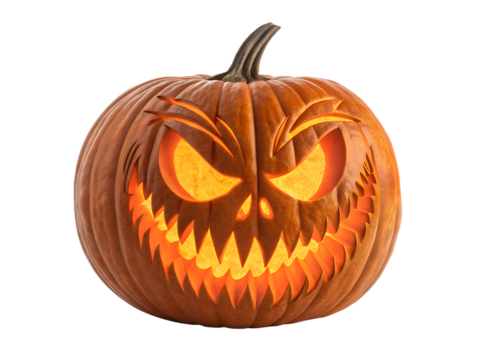A scary carved Halloween pumpkin with glowing eyes and jagged teeth is isolated on a transparent background, perfect for a PNG design. - Powered by Adobe