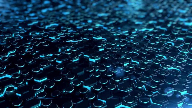 Abstract blue futuristic hexagons surface pattern, honeycomb with offset effect. Blue abstract glowing sci-fi background. Hexagonal wall moving waves