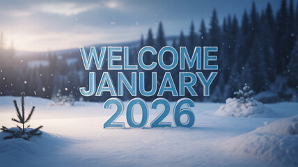 Welcome January 2026 inscription in a winter wonderland landscape, new year concept