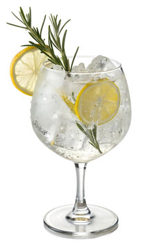 A refreshing gin and tonic cocktail with lemon and rosemary is beautifully served in a glass full of ice, isolated on a transparent PNG background.