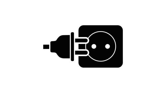 Simple modern black silhouette of a power plug connecting to an electrical socket, representing energy, connection, and technology for modern design.