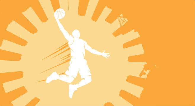Dynamic basketball player silhouette jumping slam dunk for sports marketing and events banner. isolated PNG with Transparent Background