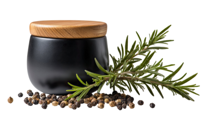 Aromatic brown coffee beans and dry green leaves near a mortar with herbs and spices