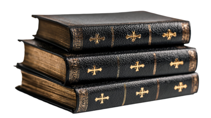 stack of vintage ornate books with gold cross symbols on textured dark covers iisolated on white background