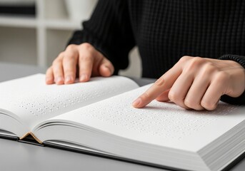 Blind person reading book written in Braille, closeup
