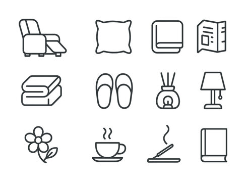 Cozy home essentials icons featuring furniture, decor, and relaxation items