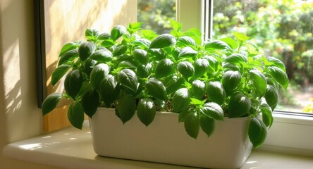 Basil Plant in White Rectangular Pot.