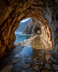 Obraz premium Cliffside tunnel with reflective liquid metal wall and natural sea light