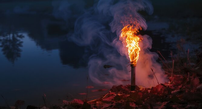 Burning Torch at Night by Water.
