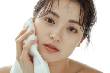 Young woman gently dabbing her face with a white towel after washing