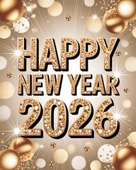 Happy new year 2026 greeting card with gold glitter text
