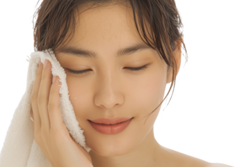 Young asian woman gently drying her face with a soft white towel