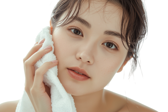 Young woman gently dabbing her face with a white towel after washing