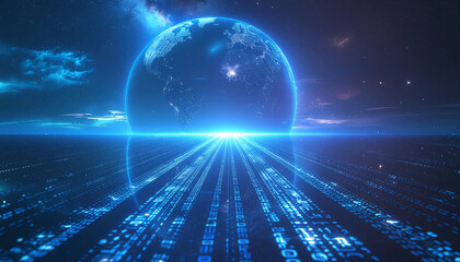 Digital data stream abstract visual representing global connection internet networks technology big data transfer across planet earth globe