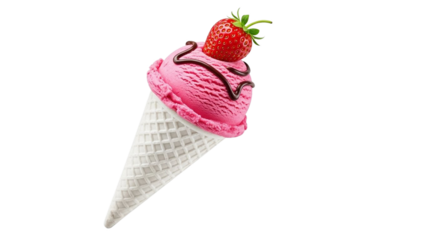 Strawberry ice cream cone with chocolate drizzle isolated on transparent background