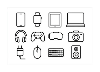 Icon set of electronic devices including smartphone, laptop, camera, and game controller