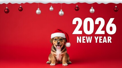 Cute puppy in santa hat celebrates the arrival of the new year 2026