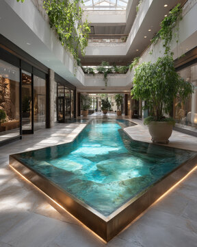 Modern indoor atrium with liquid metal pool and lush plants under filtered daylight