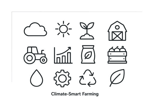 Climate-smart farming icons: sustainable agriculture and eco-friendly practices