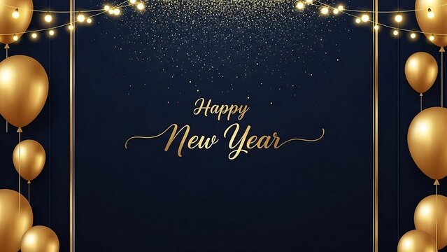 Elegant happy new year celebration with golden balloons and lights - Powered by Adobe