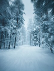 blurred frozen winter forest with snow covered trees christmas background no logos no brands ar 34