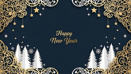Elegant happy new year background with golden ornate details and white trees