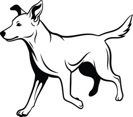 Monochrome Running Dog Vector Outline: Dynamic Black and White Illustration of Active Canine in Motion – Graphic Design Element for Pet Care, Veterinary, Training, Loyalty, and Animal Agility Concept.