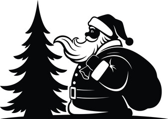 Traditional Santa Claus Profile with Sack of Presents Next to Christmas Tree Vector Icon – Monochrome Black and White Silhouette Design for Holiday, Winter, Giving, and Celebration Graphic Element.
