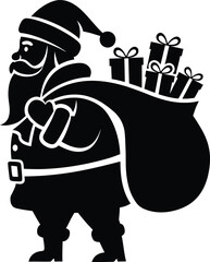 Traditional Santa Claus Carrying Sack of Presents Vector Icon: Black Silhouette of Father Christmas Walking with Full Bag of Gifts – Monochrome Holiday, Winter, Giving, and Celebration Graphic Element