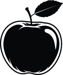Bold Black and White Apple Vector Icon: Solid Silhouette Fruit with Glossy Highlight, Stem, and Leaf – Modern Monochrome Graphic Symbol for Healthy Eating, Organic Diet, Education, and Natural Produce