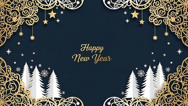 Elegant happy new year background with golden ornate details and white trees
